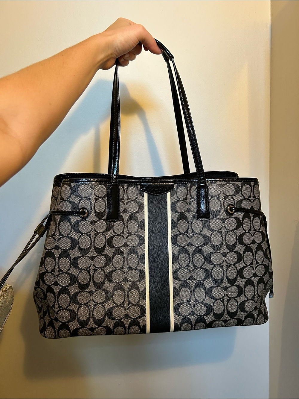 Coach Signature Large Tote in Gray with Black and Cream Stripe - Picture 9 of 9